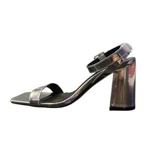 PrettyLittleThing Silver Metallic Thick Strap Block Heel Shoe Glam New Size 6